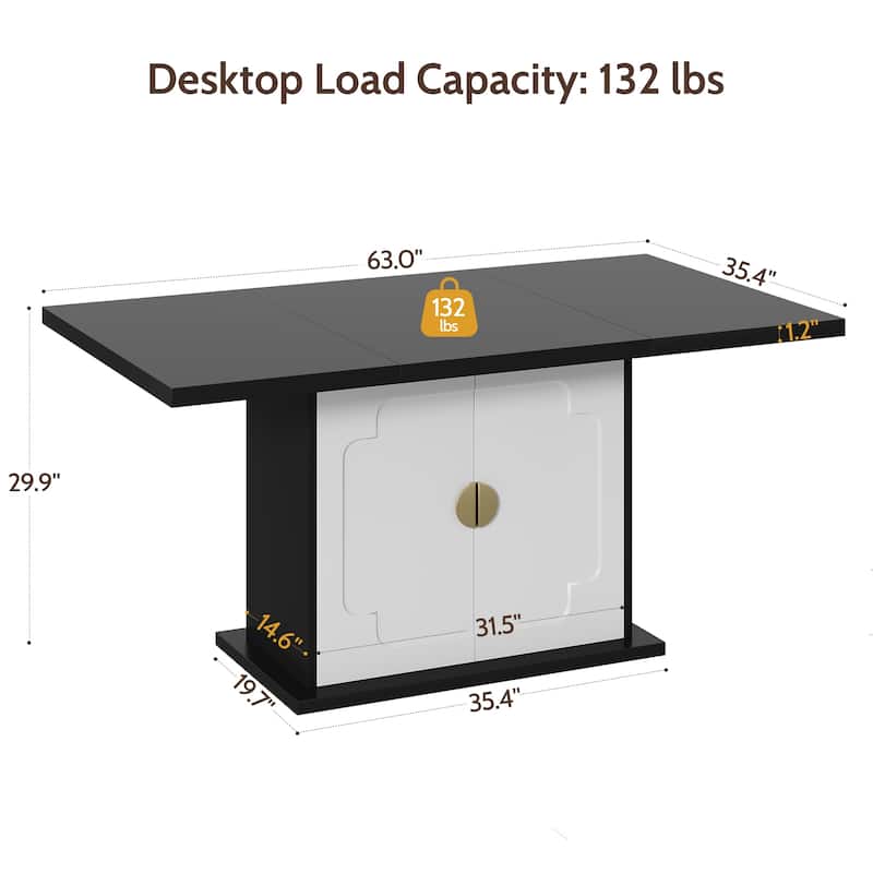 Rossetta 63" Rectangular Kitchen Dining Table with Pedestal Base and Storage Shelves, Easy Assembly