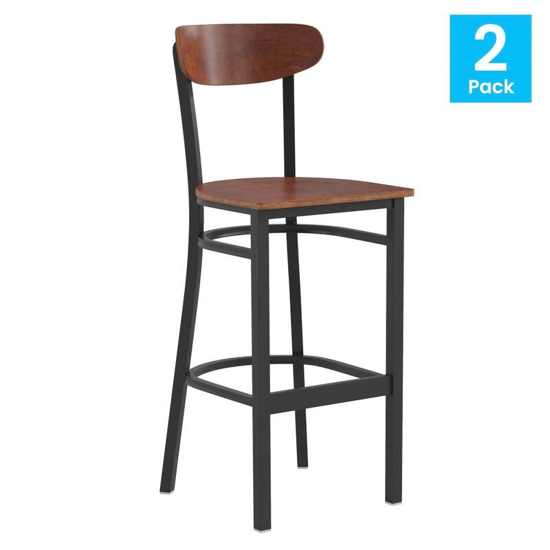 Commercial Metal Barstool with Wood Seat and Boomerang Back