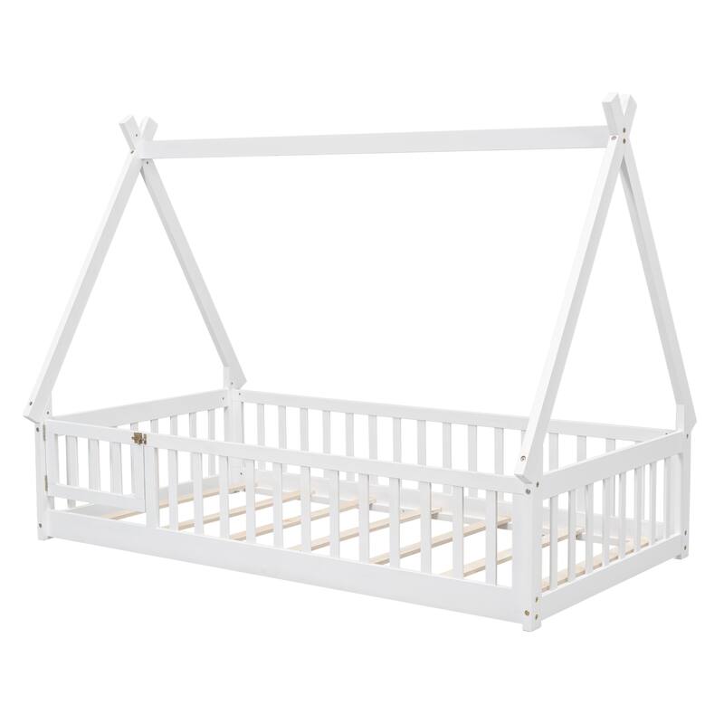 Twin Tent-shaped Floor Bed, Pine Fun Playhouse Bed Frames, With Guardrails, Slats, Door, House Bed Frame With Roof - White