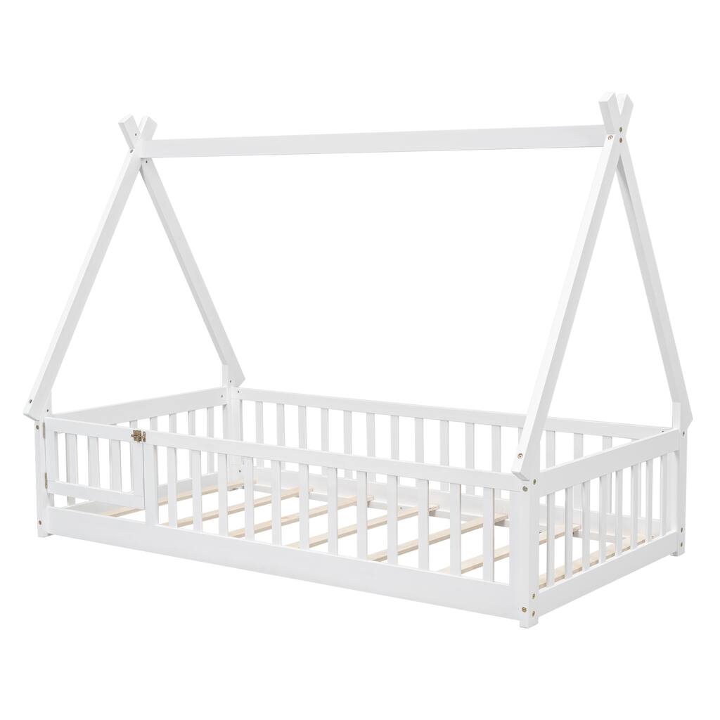 Twin Tent-shaped Floor Bed, Pine Fun Playhouse Bed Frames, With Guardrails, Slats, Door, House Bed Frame With Roof