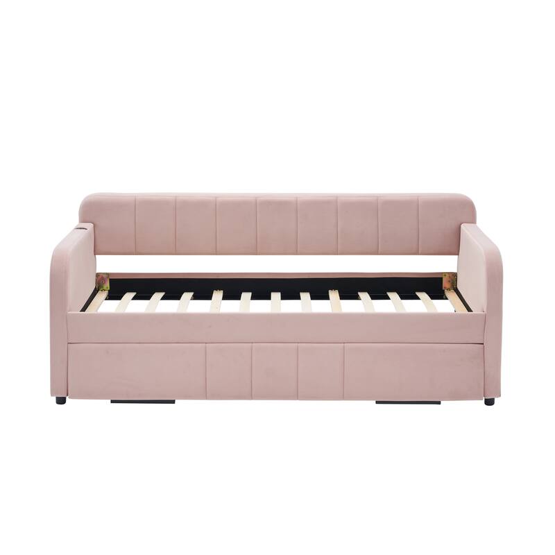 Twin Size Velvet Upholstered Daybed, Wood Sofa Bed Frame Daybed Couch with Trundle Bed and Wood Slat