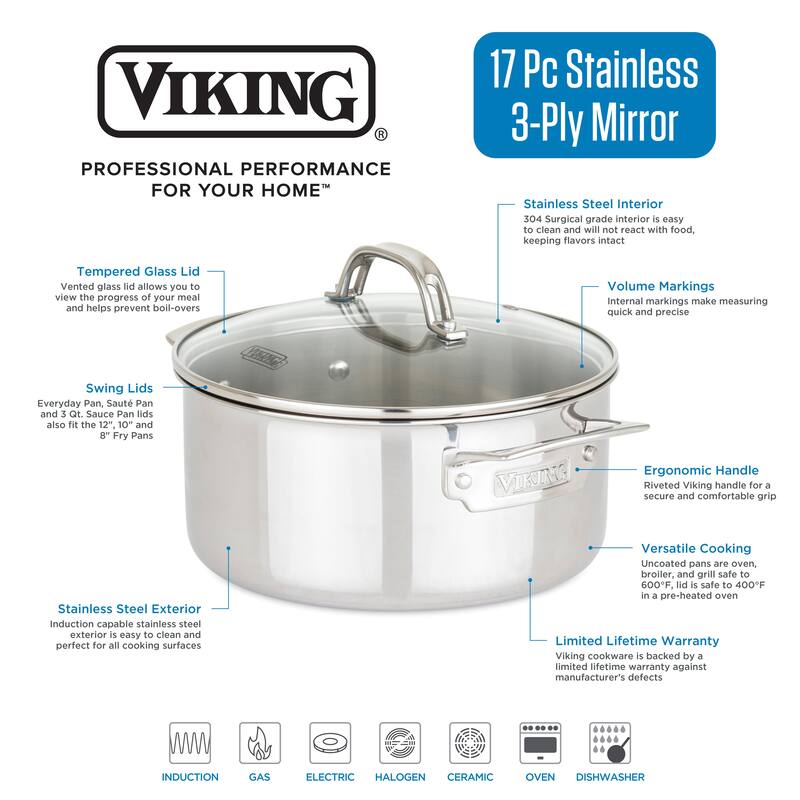 Viking 3-Ply Stainless Steel 17-piece Cookware Set with Glass Lids