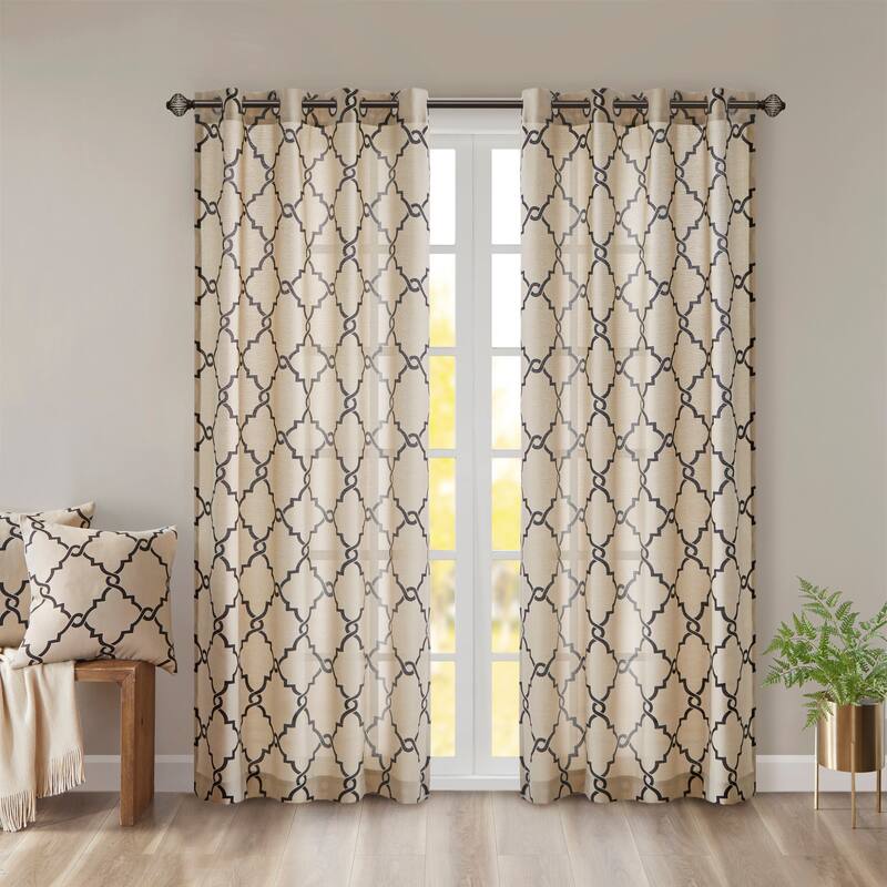 Madison Park Westmont Fretwork Print Grommet Top Window Single Curtain Panel - 50"W x 108"L - Khaki/Black