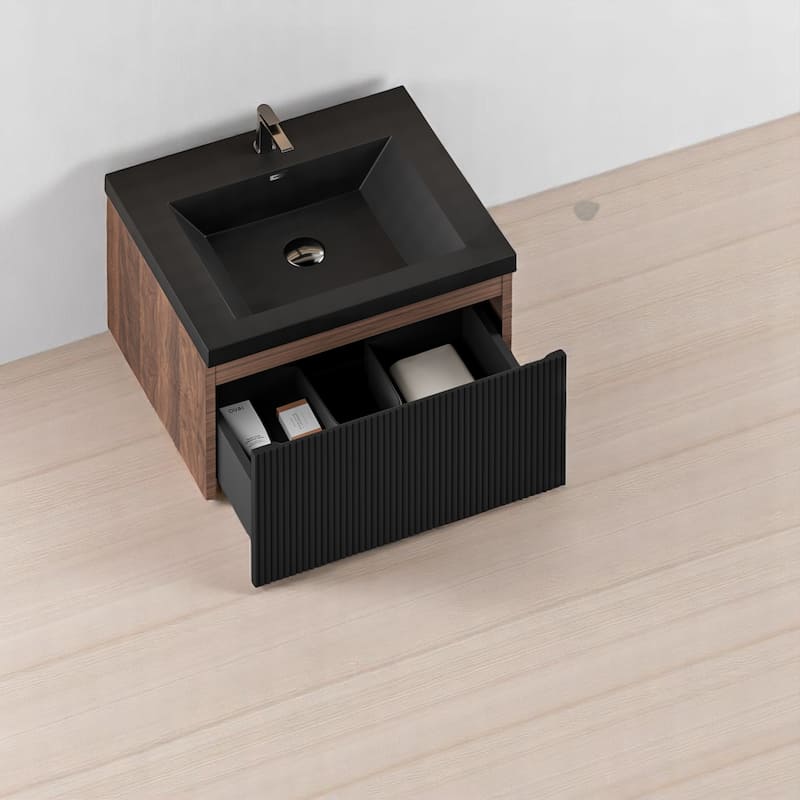 24''/30''/36''/42'' Floating Vanity,Smoked Walnut Storage Cabinet with Soft-Close Drawers,Black Quartz Sand Sink,Wall-Mounted