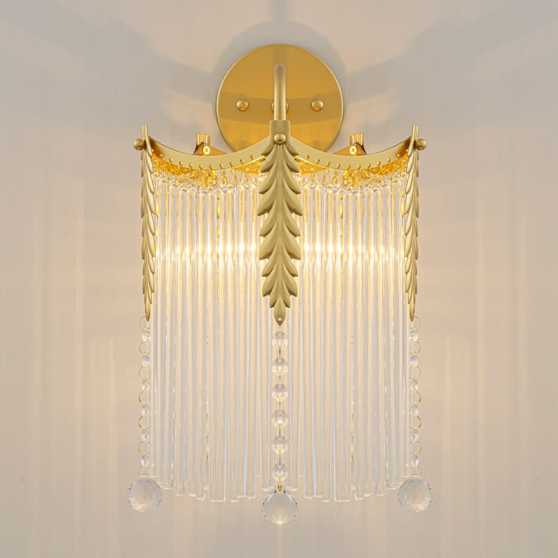 Crystal Wall Sconce Leaf Accents Clear Glass Rod Hanging Crystal Balls