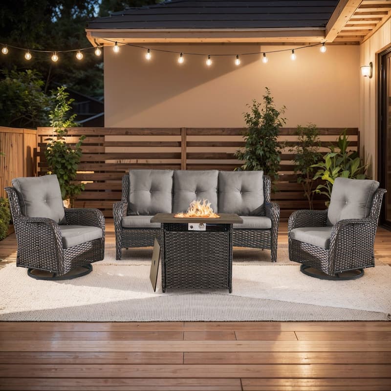 Pocassy 4 Pieces Fire Pit Table with 3-Seat Sofa Swivel Chairs - Brown Wicker Gray Cushion - 4 Pieces Sofa Chairs with Fire Table