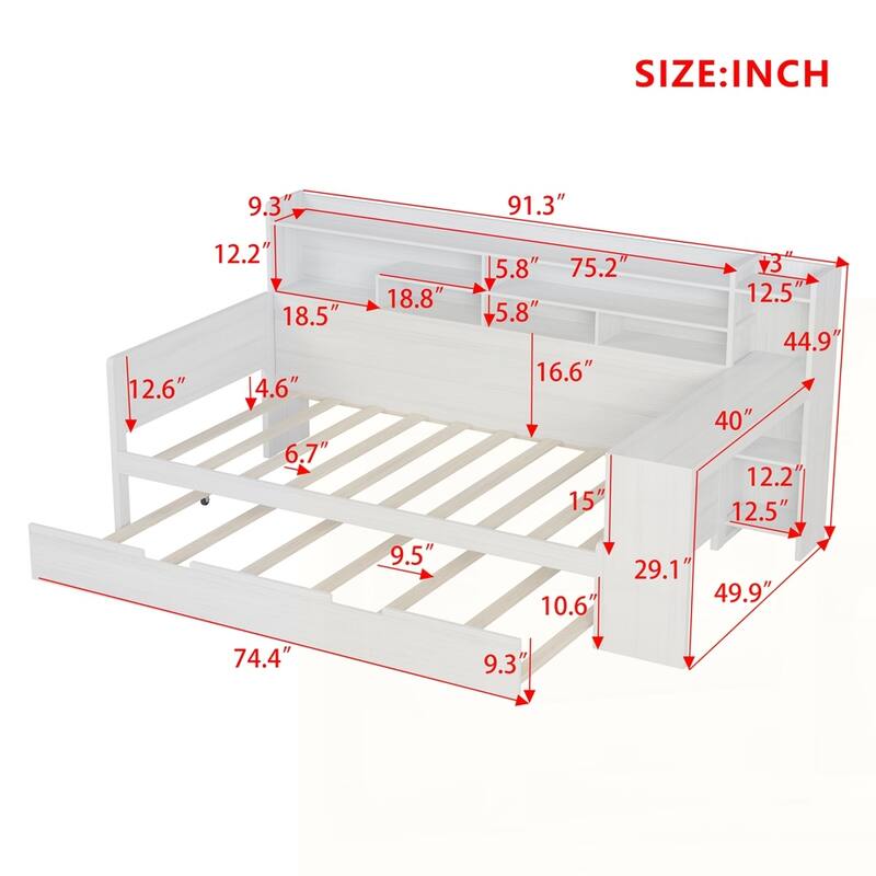 Wooden Daybed with Storage Shelves