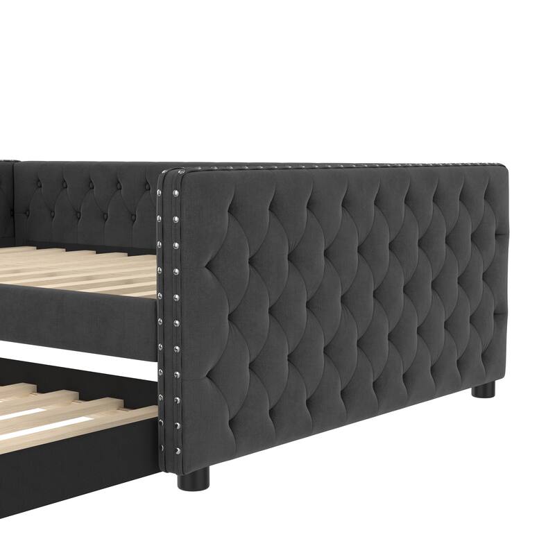 Full Size Upholstered Daybed with Trundle, Tufted Sofa Bed with Rivet-Trimmed Arms and Button Detail