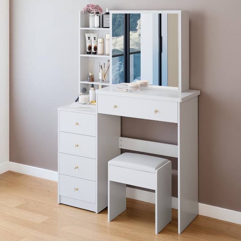 Makeup Vanity with Extra Large Sliding Mirror, 2-Piece Set with Stool, 37" Dresser with Ample Storage