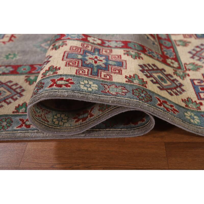 Gray Geometric Kazak Oriental Area Rug Hand-Knotted Wool Carpet - 6'10"x 9'11"