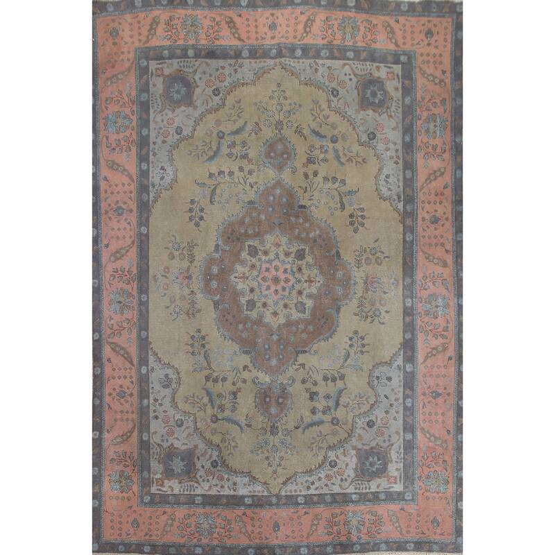 Hand Knotted Oriental 100% Wool Carpet Traditional Floral Green Tabriz Area Rug - 12' 0'' X 9' 4''