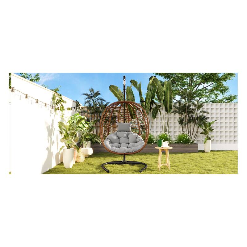 Roomfitters Single Person Folding Egg Chair with Stand, UV Resistant Wicker Rattan Swing for Patio, Garden