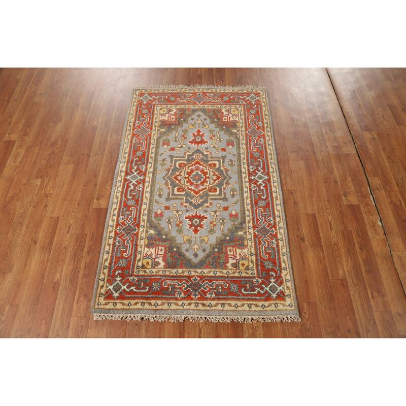 Hand Knotted Oriental 100% Wool Carpet Traditional Medallion Greys & Charcoal Heriz (serapi) Area Rug - 4' 11'' X 3' 0''