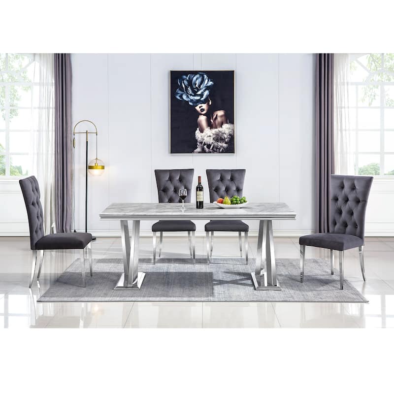 Modern Stylish Grey Velvet Buttons Tufted Upholstered Dining Room Chairs with Silver Stainless Steel Legs