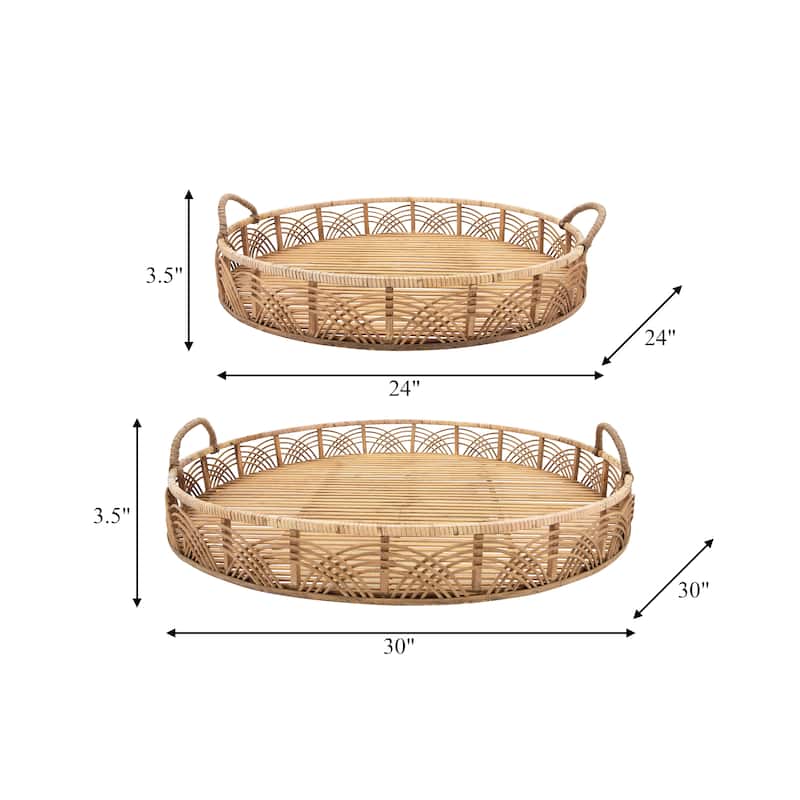 Bamboo Wood Round Handled Serving Trays Set of 2 - 24", 30", Brown