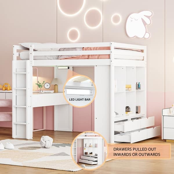 slide 2 of 20, Full Size Eye-catching Design Loft Bed with large shelves, writing desk and LED Light, Maximum Storage Space, White White
