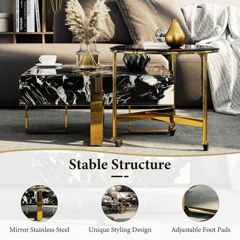 Modern Luxury Square Faux Marble Coffee Table Set Nesting Coffee Table with End Table