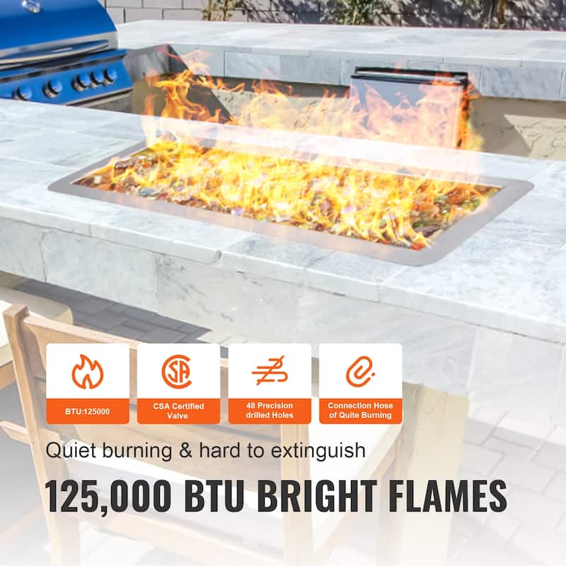 VEVOR 24x8 30x10 & 36x12 inch Rectangular Fire Pit Pan Stainless Steel 120,000 to 150,000 BTU for Indoor Outdoor
