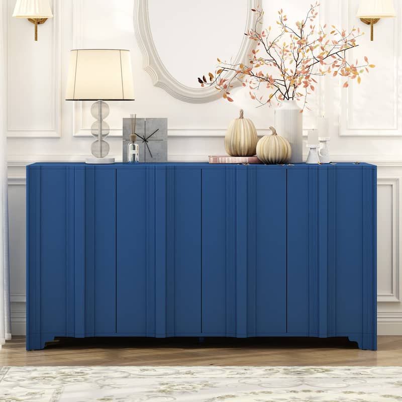 Modern 4-Door Buffet Cabinet Linear Sideboard with Triangular Legs, for Living Rooms, Entrances and Study Rooms - Blue