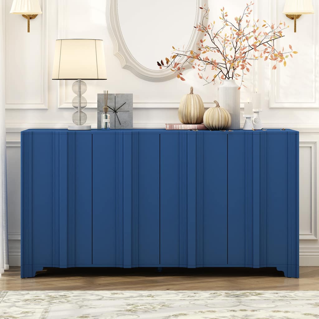 Sophisticated 4-Door Sideboard Adorned with Intricate Linear Accents and Luxurious Multi-Layered Pine Veneer Design Elements