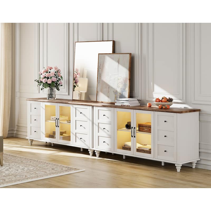 WAMPAT Farmhouse 2 in 1 TV Stand with Glass Door for up to 110" TVs, Modern Entertainment Center with LED Light - 116''