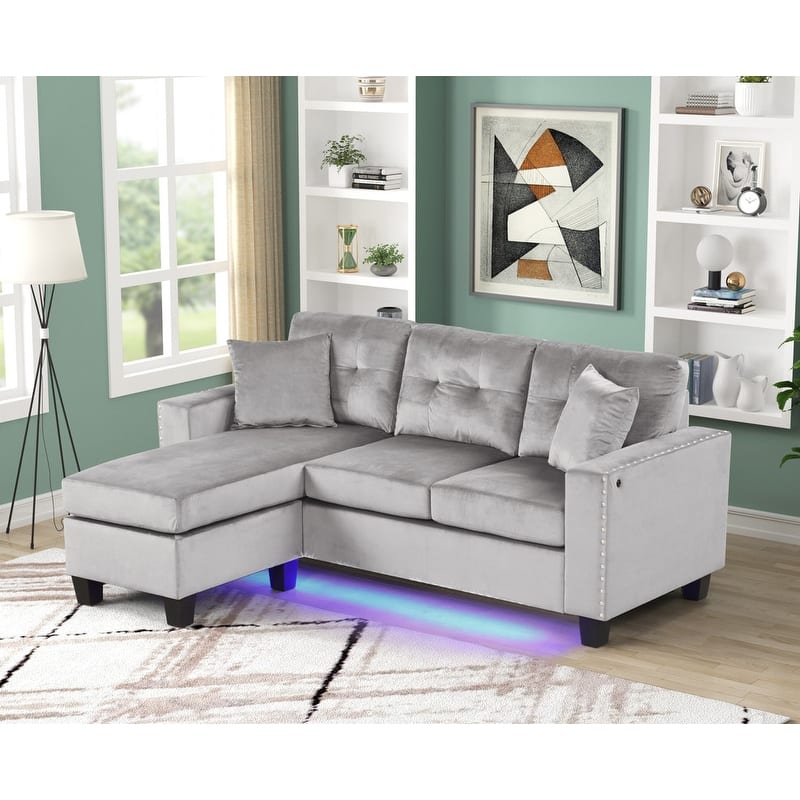 Sorenza 74"W Gray Velvet Reversible Sectional Sofa Chaise with LED Light, USB Port, Nailhead Trim, Throw Pillows, Tufted Cushion