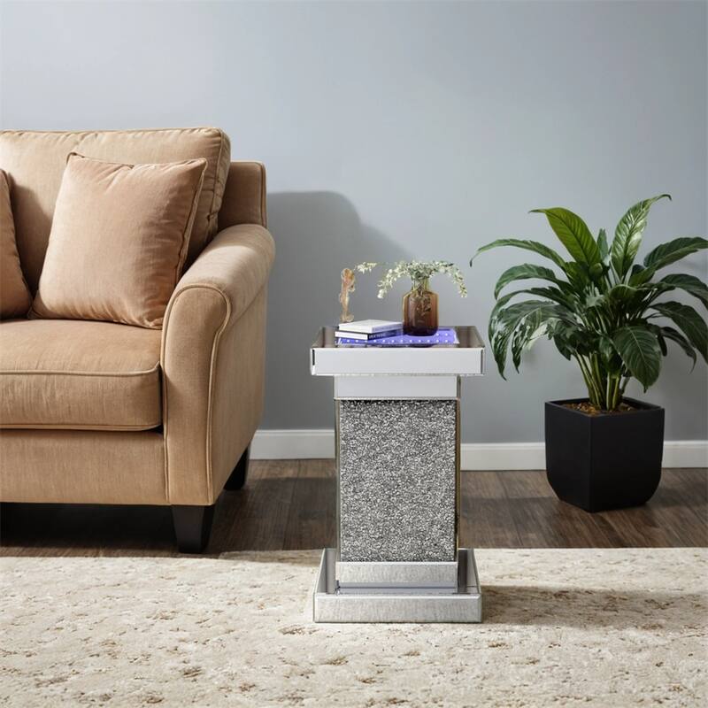11.8'' Silver Square Mirrored End Table w/LED lights,Modern Side Table