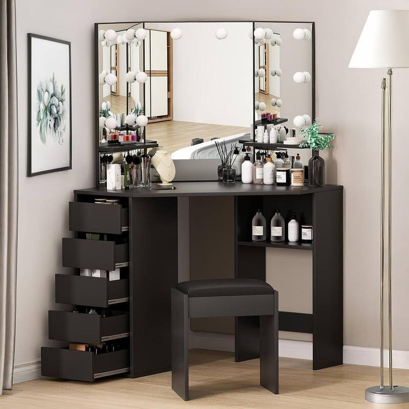 Corner Vanity Desk with Lighted Mirror and Stool, 5 Drawers, Charging Station