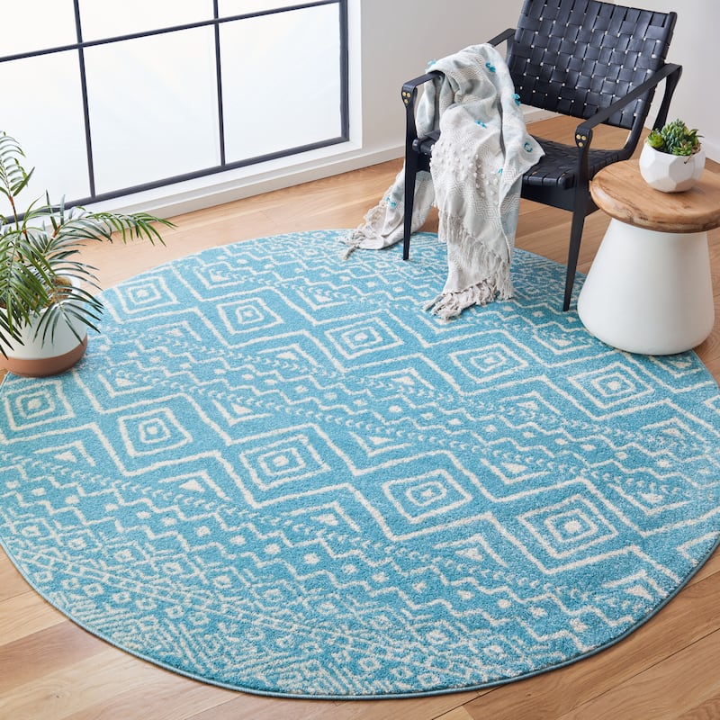 SAFAVIEH Tulum Vassilia Moroccan Boho Distressed Rug - 6'7" Round - Turquoise/Ivory