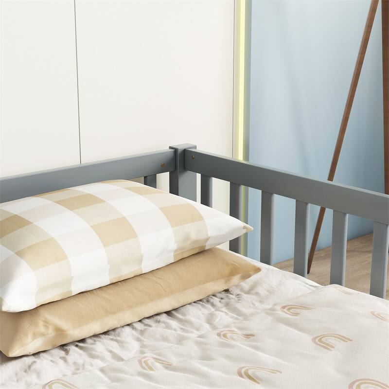 Double Twin Floor Bed with Fence, Guardrails,Without Door