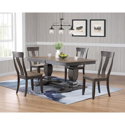 Double Transitional Pedestal In Antique Grey Panel Back 5-Piece Dining Set