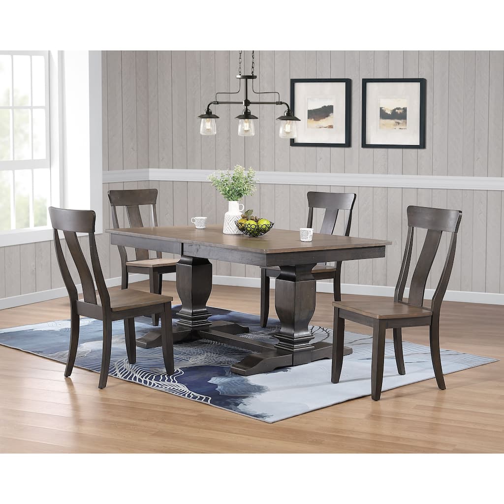 Double Transitional Pedestal In Antique Grey Panel Back 5-Piece Dining Set
