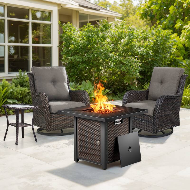 Gymojoy 4-Piece Outdoor Fire Pit Set with 2 Swivel Chairs & Side Table for Patio, Deck, Garden - Brown Wicker / Grey Cusion - 4-Piece