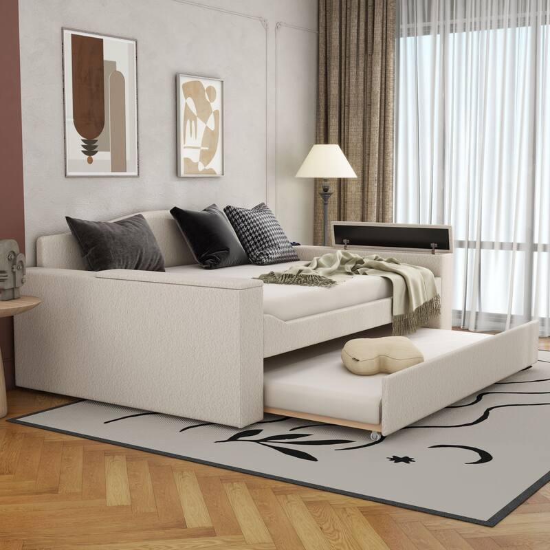 Sofa bed with storage arms, trundle bed and Bluetooth stereo