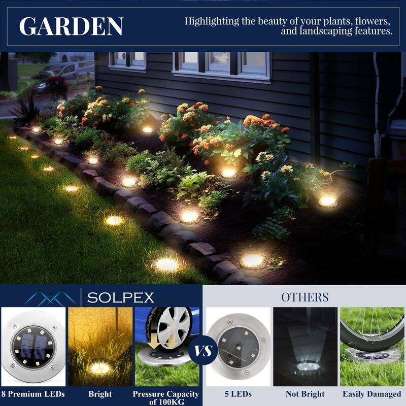 FKHouse Warm White 8 LED Solar Outdoor Waterproof In-Ground Path Lights