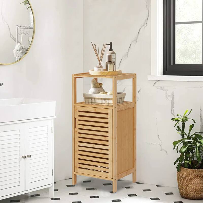 Bathroom Cabinet w/ 5 Hooks, Multifunctional Bamboo Storage Organizer w/ Door and Shelf, Free Standing Kitchen Cupboard - Rustic Brown