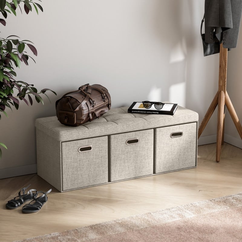 Foldable Linen Large Bench Storage Ottoman with 3 Drawer Cubes - 40"L