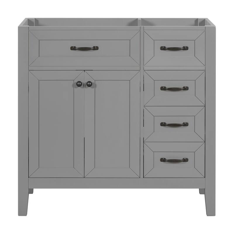 36" Modern White Bathroom Vanity Cabinet Base, 2 Doors & 3 Drawers, Solid Rubber Wood & MDF