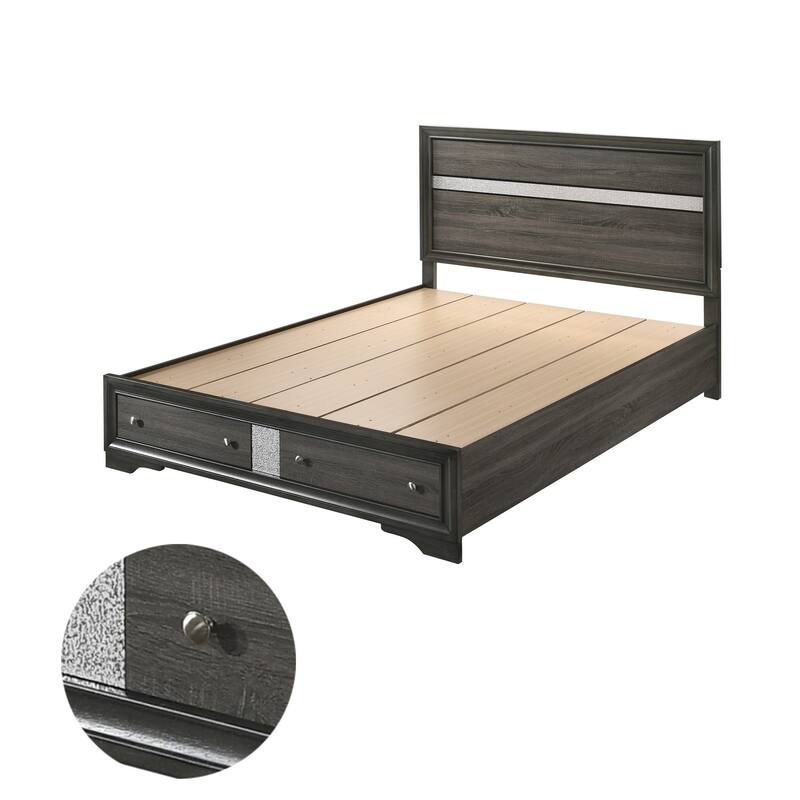 Platform Wooden Queen Size Bed with Silver Trim Accents and 2 Drawers, Gray