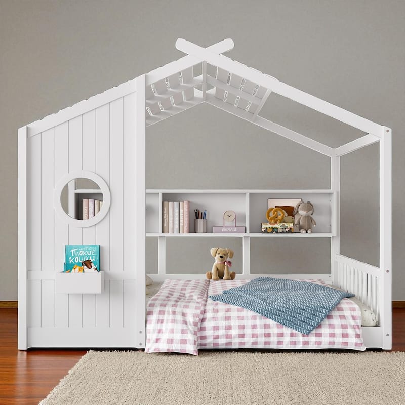 Twin/Full Montessori House Floor Bed with Roof, Storage Shelf, Low Profile Kids Bed, 6 in Mattress, 350/550 lb Capacity - White - Full