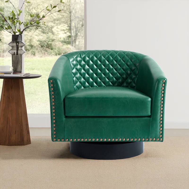 Modern Armchair Faux Leather Nailhead Trim Swivel Accent Chair