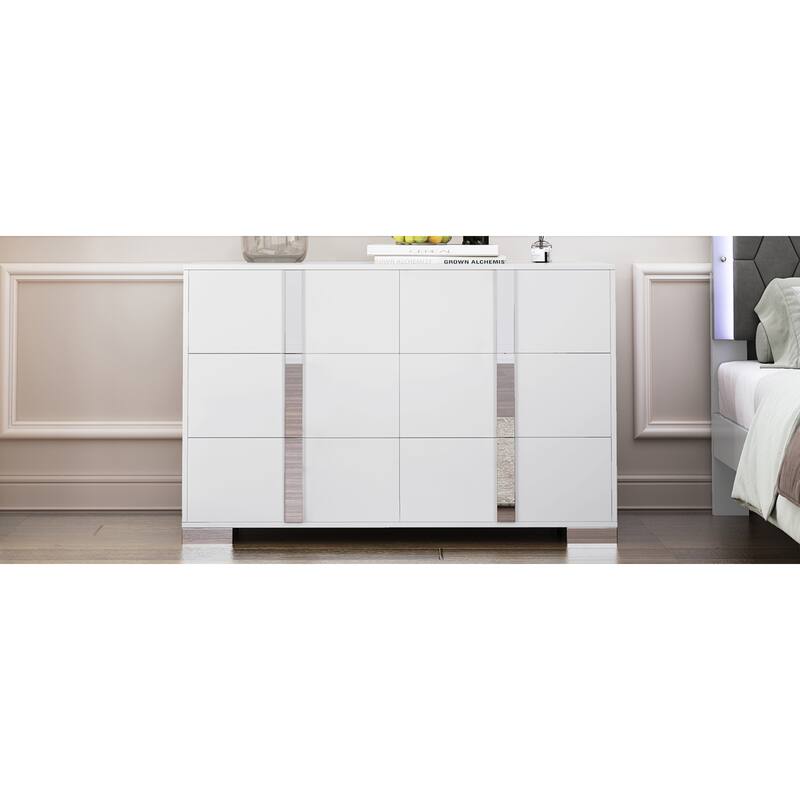 Roomfitters Elegant Modern Storage Cabinet with Metal Foot, Mirrored 6-Compartment Cabinet for Bedroom Living Room, White