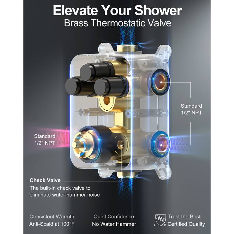 GRANDJOY Thermostatic Shower Faucet System Rainfall 12" Wall Mount Shower Faucet 6 Body Jets Handheld Spray High Pressure