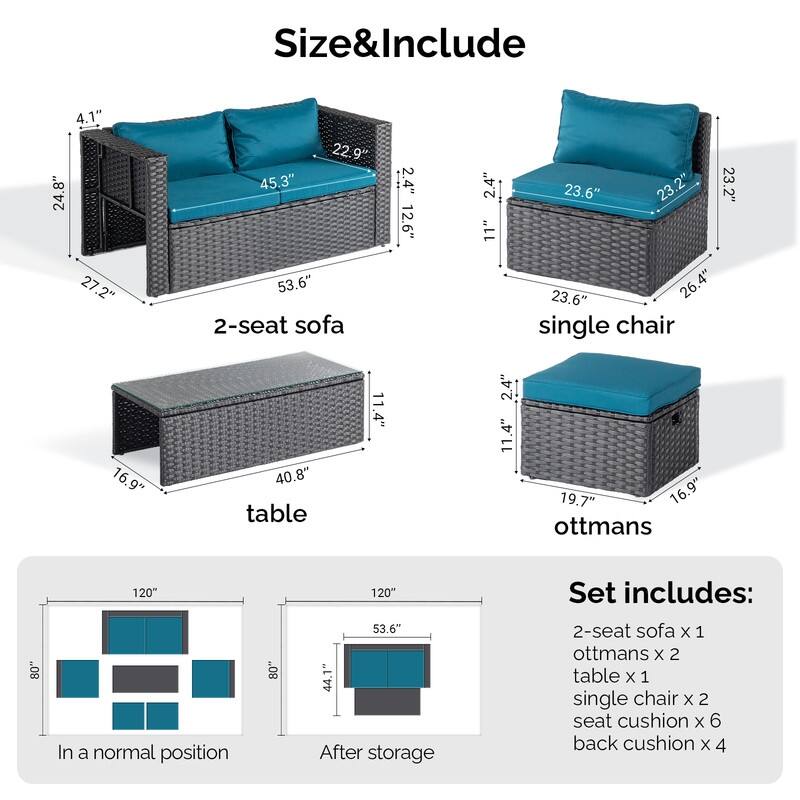 6-Piece All-Weather Wicker Conversation Sofa Set with Nesting Storage & Tea Table for Garden