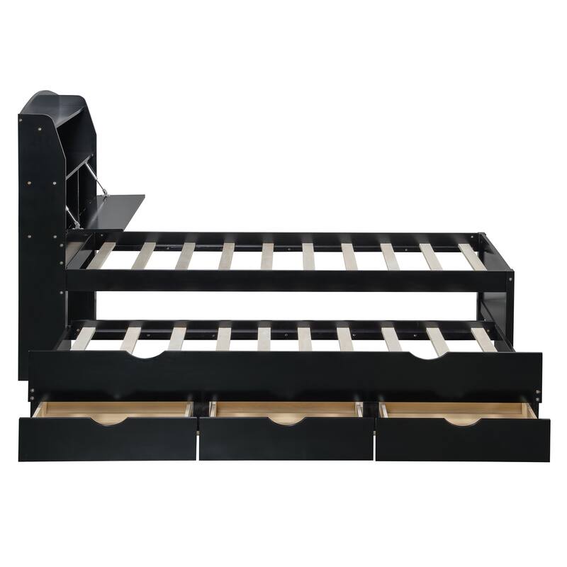 Wooden Platform Bed with Pull Out Trundle Bed and Drawers, All-in-One LED Headboard with Charging Station and Flip Up Storage