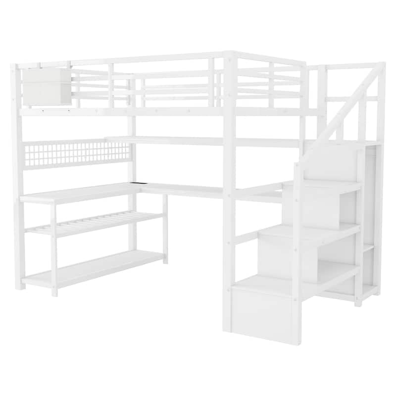 Full Size Loft Bed with Staircase and Wardrobe with Desk, Storage Shelves, LED Lights and Charge Station,Black