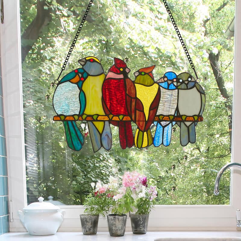 River of Goods 9.5"H Birds in Love Stained Glass Window Panel - 15"L x 0.25"W x 9.5"H