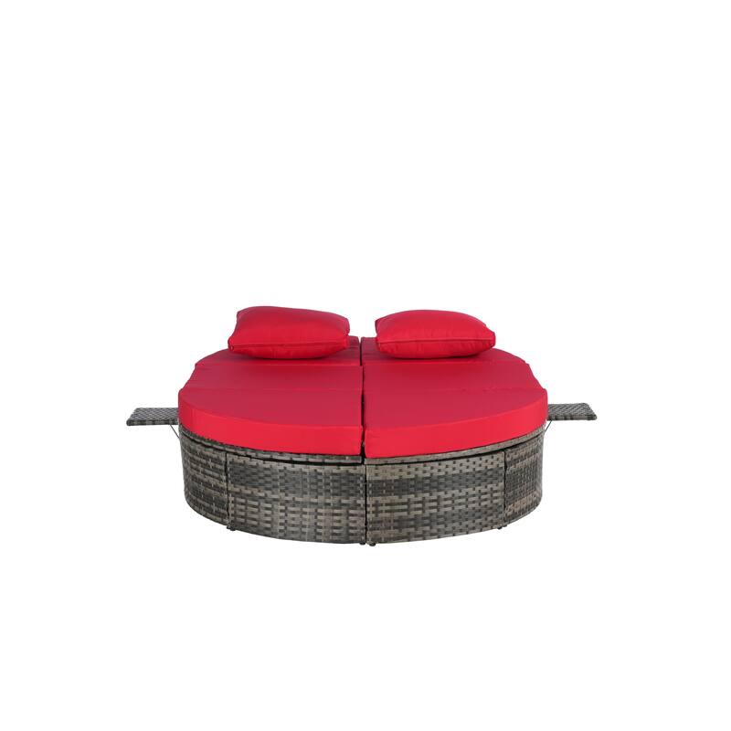 Outdoor Patio Rattan Round Daybed Sunbed with Adjustable Backrests and Foldable Cup Trays