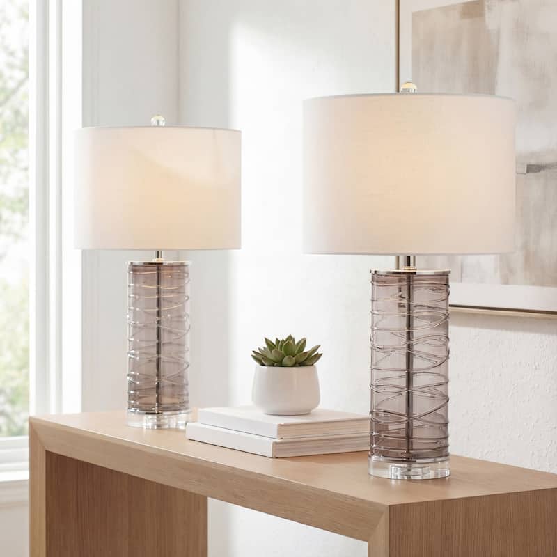 Coco 27.5" Modern Fused Glass Cylinder LED Table Lamp, Turquoise (Set of 2) by JONATHAN Y - Smoky Gray