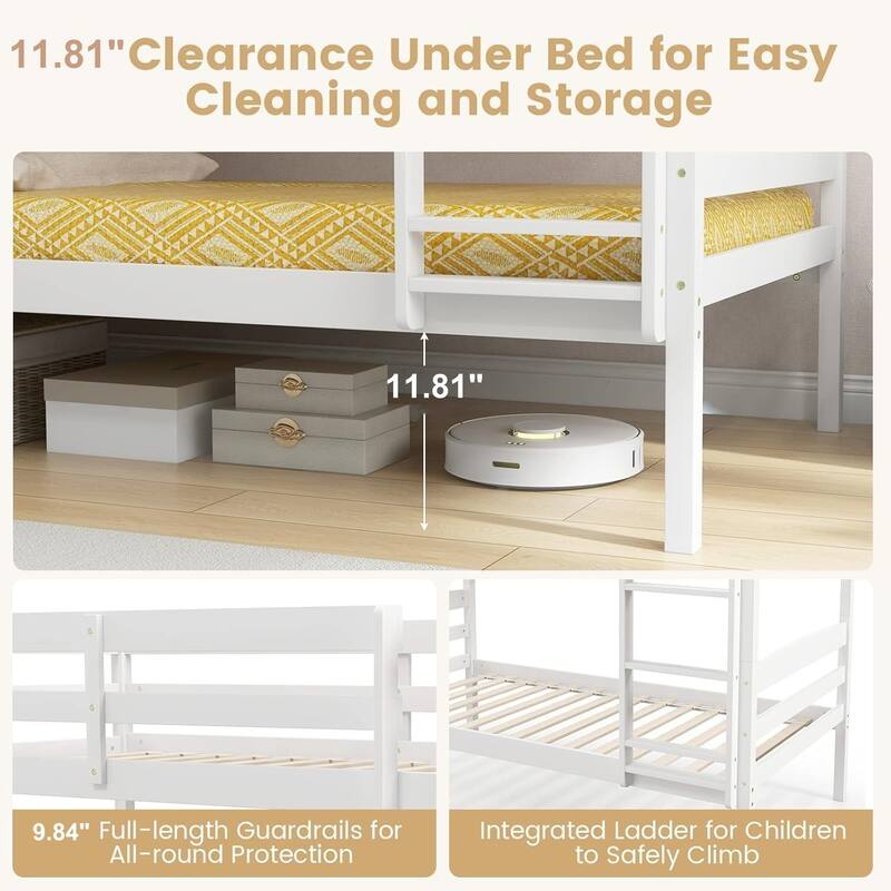 Twin Over Twin Solid Wood Bunk Bed with Detachable Frame, High Guardrails, and Integrated Ladder, No Box Spring Needed, White